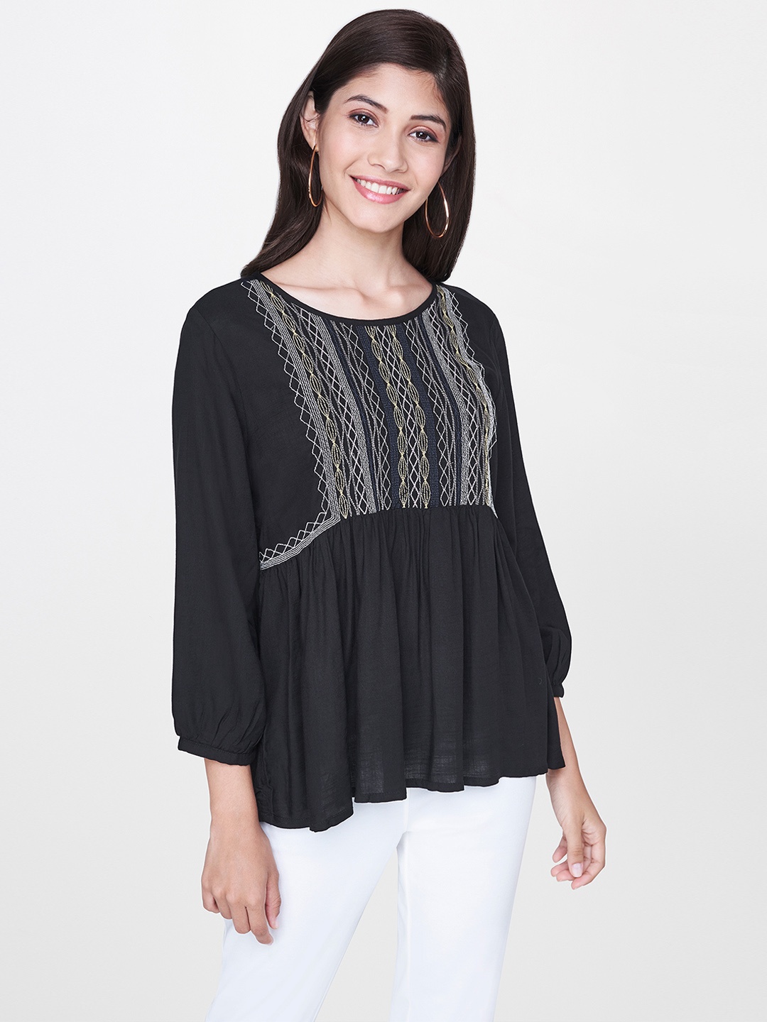 

Global Desi Women Black Solid A-Line Top