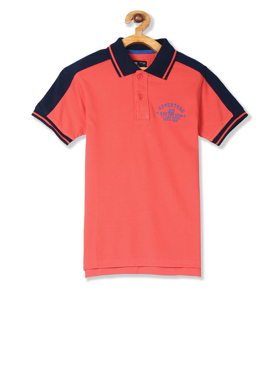 

Flying Machine Boys Peach-Coloured and Navy Blue Solid Polo Collar T-shirt