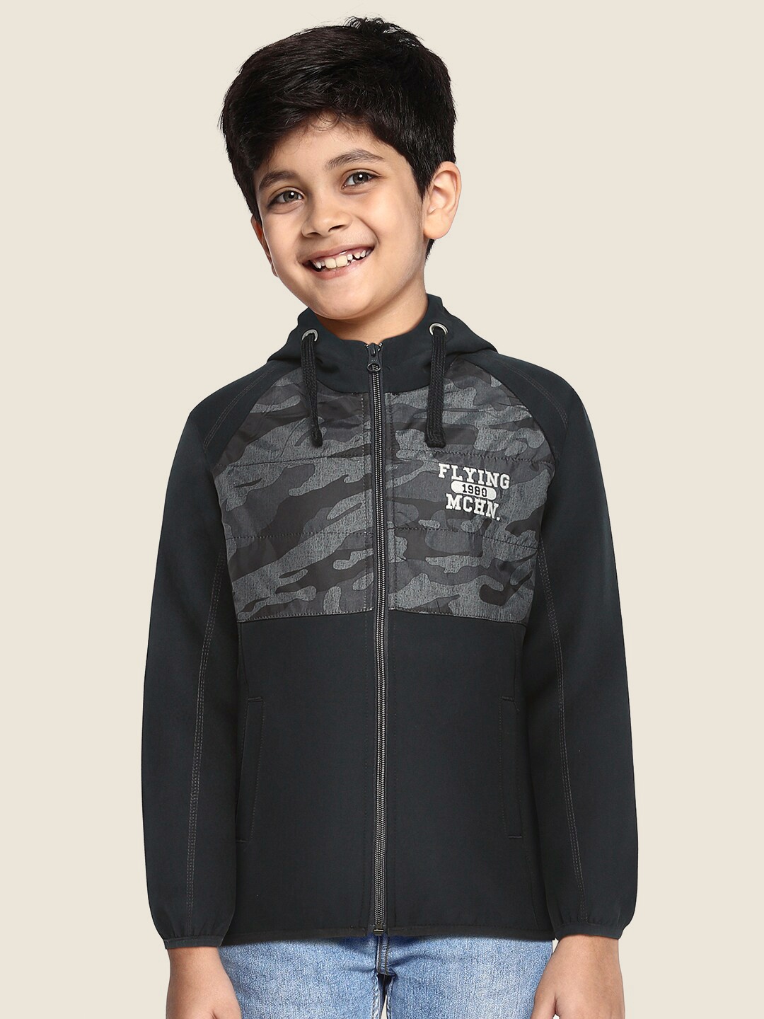 

Flying Machine Boys Navy Blue & Grey Camouflage Print Hooded Tailored Jacket