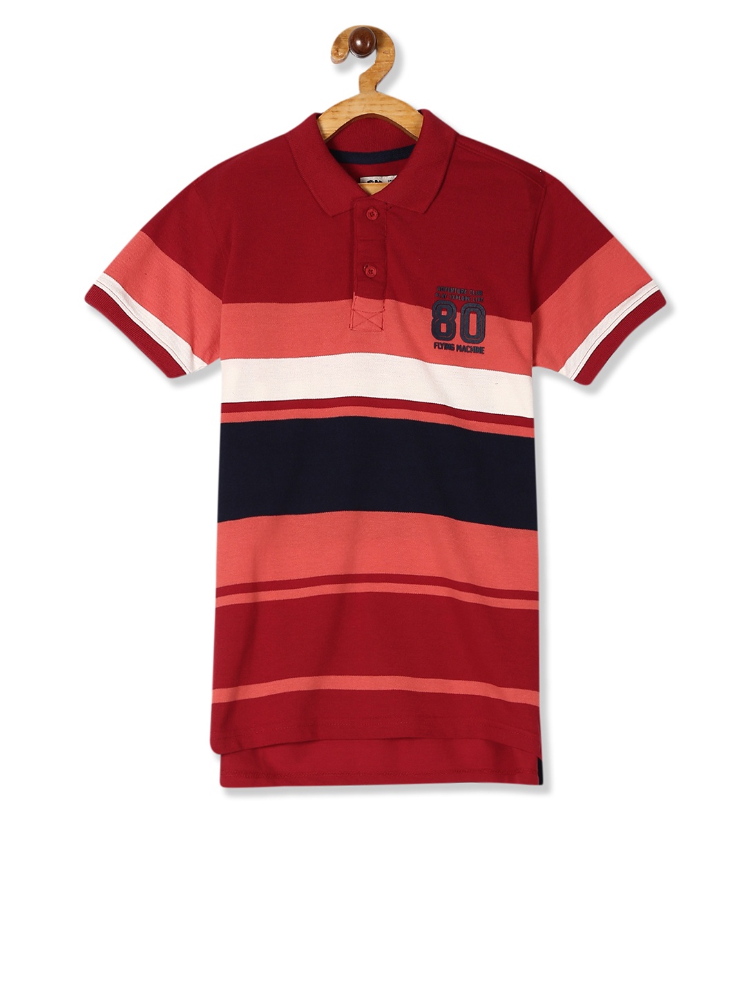 

Flying Machine Boys Red & Navy Blue Striped Polo Collar T-shirt