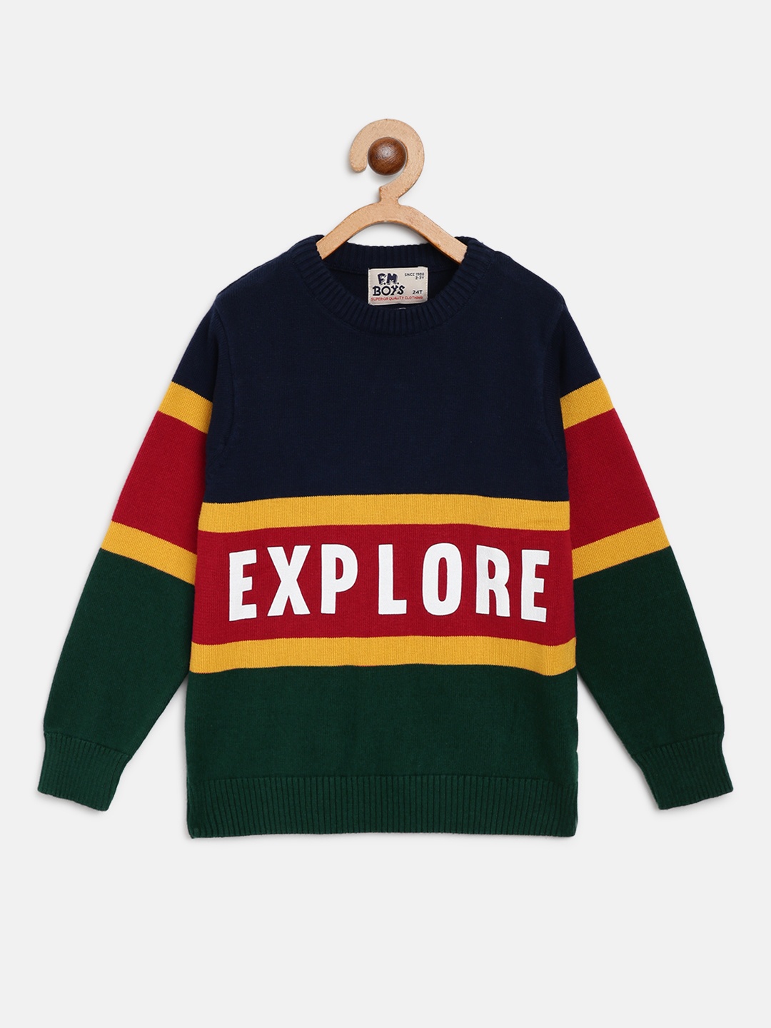 

Flying Machine Boys Navy Blue & Green Typography Self Design Pullover