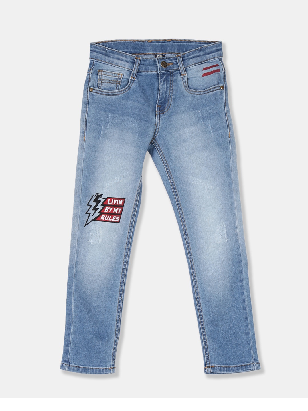 

Flying Machine Boys Blue Skinny Fit Mid-Rise Mildly Distressed Printed Jeans