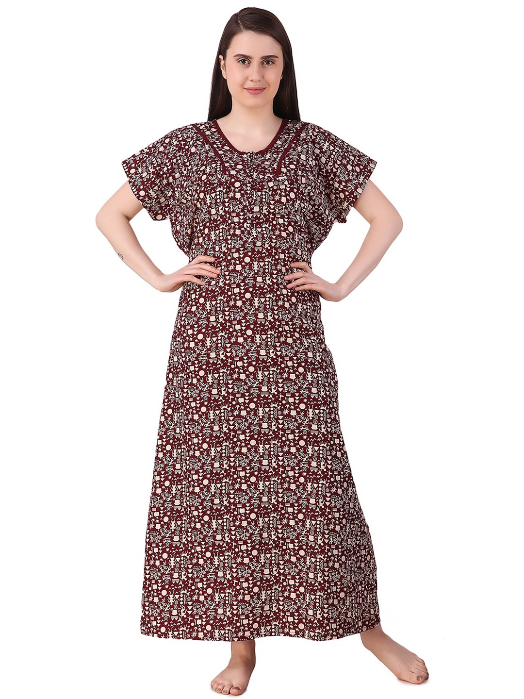 

Masha Maroon & Beige Printed Nursing Nightdress MW-FZ273-1363