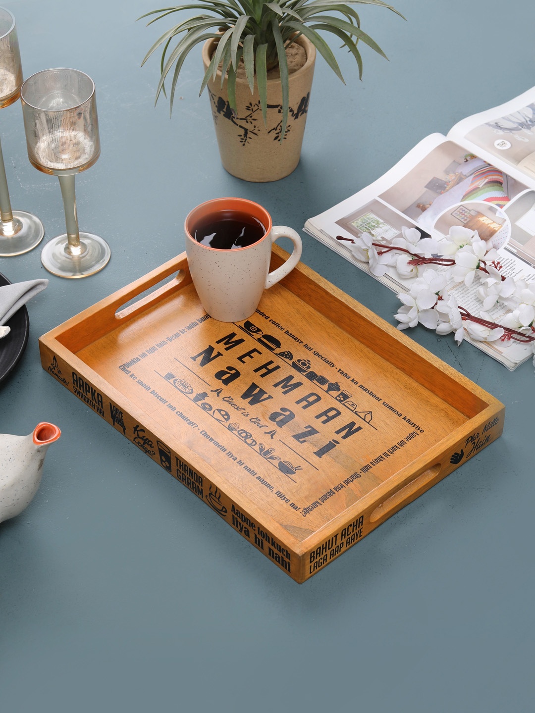 

EK DO DHAI Mustard Yellow & Black Hand-Painted Rectangle Serving Tray