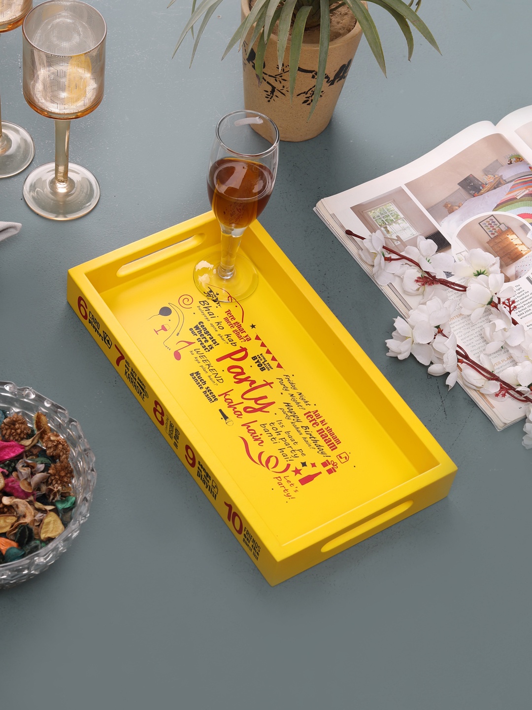 

EK DO DHAI Yellow & Red Hand-Painted Rectangle Serving Tray