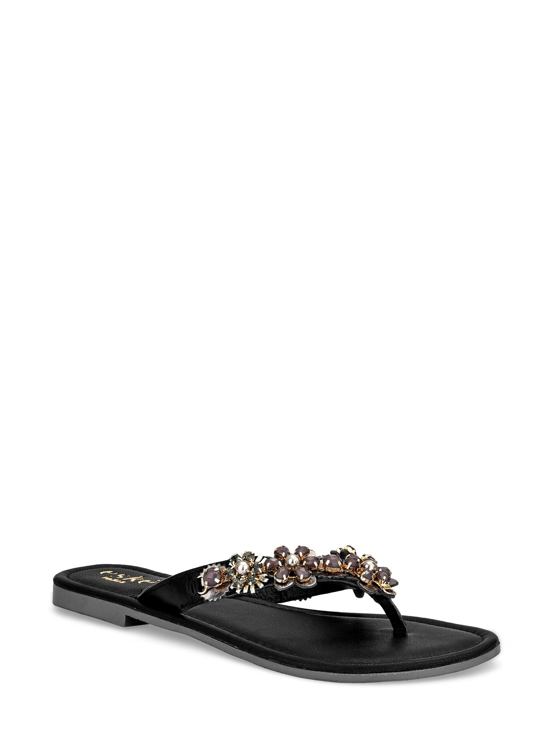 

Eske Women Black Embellished Leather Open Toe Flats