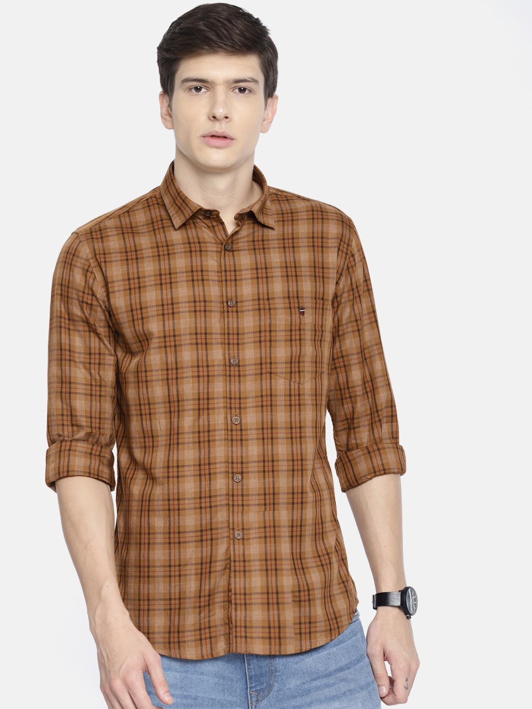 

Louis Philippe Sport Men Mustard & Brown Slim Fit Checked Casual Shirt