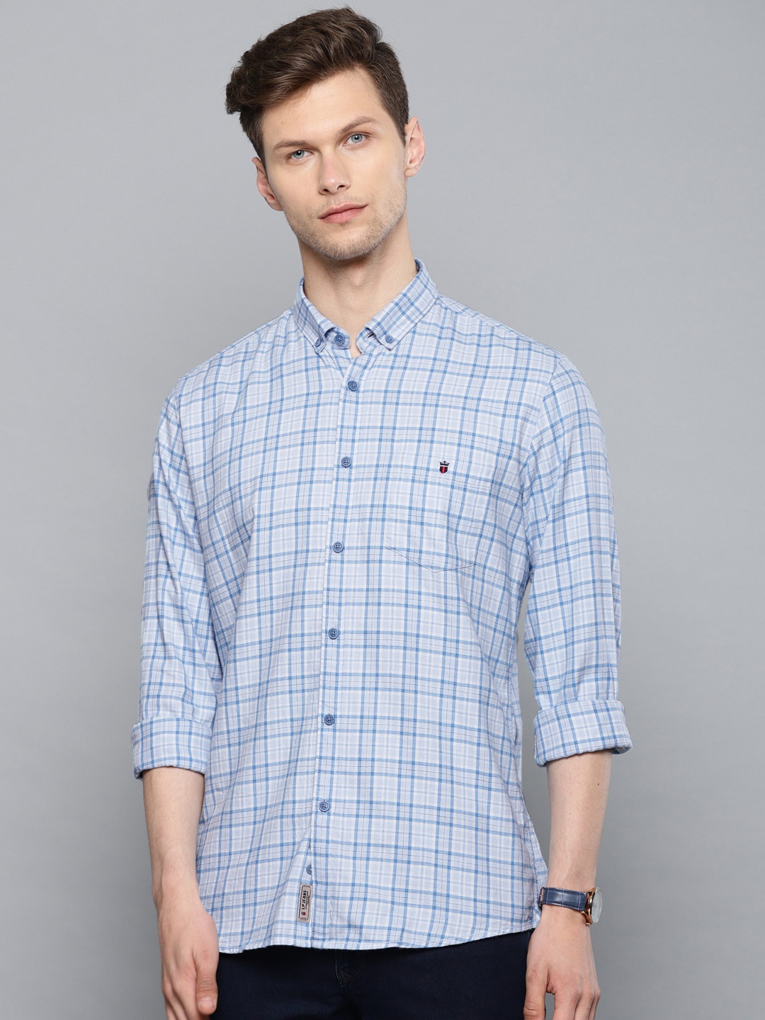 

Louis Philippe Jeans Men Blue & White Slim Fit Checked Casual Shirt