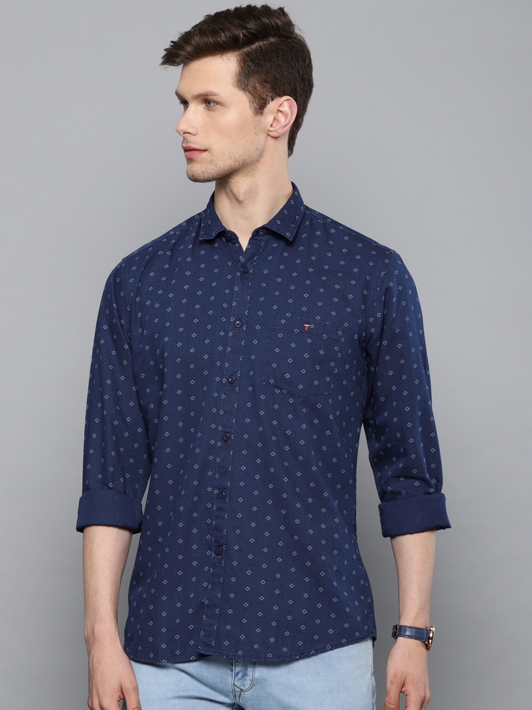 

Louis Philippe Jeans Men Navy Blue & White Slim Fit Printed Casual Shirt