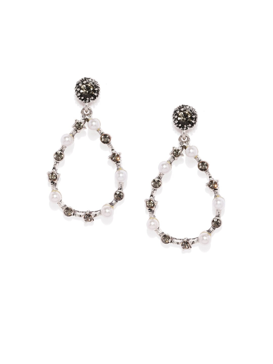 

ToniQ Gunmetal-Toned & White Teardrop Shaped Drop Earrings, Metallic