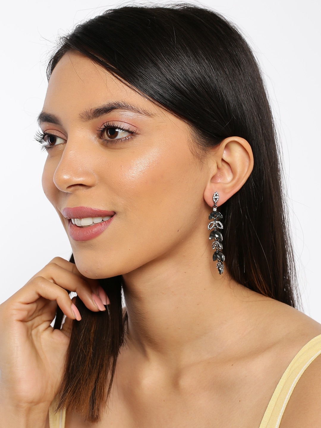 

ToniQ Gunmetal-Toned Contemporary Embellished Drop Earrings, Metallic