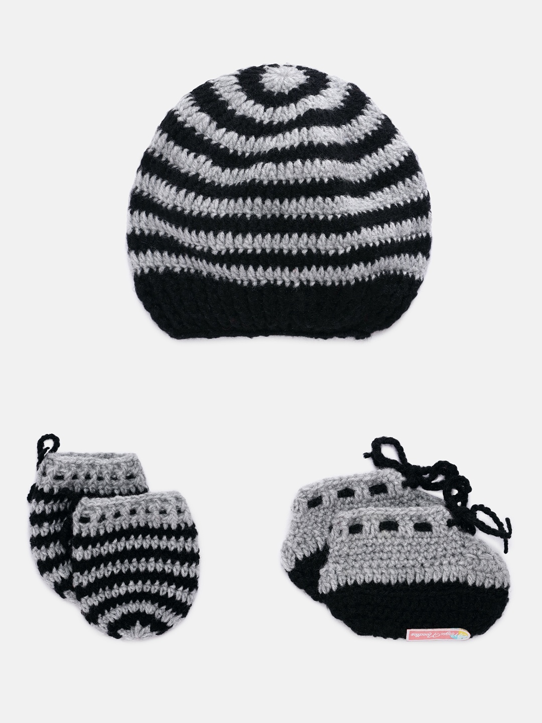 

Magic Needles Infant Girls Grey & Black Handknitted Crochet Cap & Booties