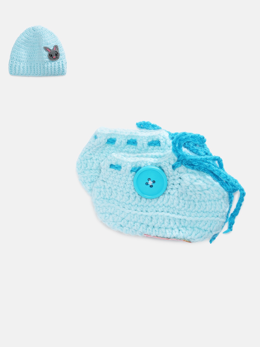 

Magic Needles Infants Blue Solid Handmade Knitted Winter Cap & Booties Set