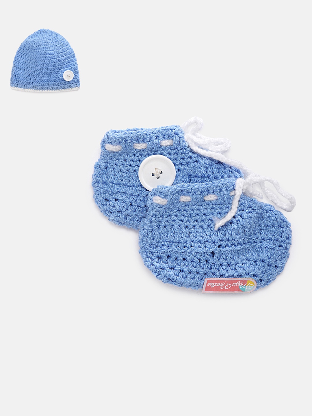 

Magic Needles Boys Pack of 2 Blue Handmade Knit Crochet Woolen Cap & Booties