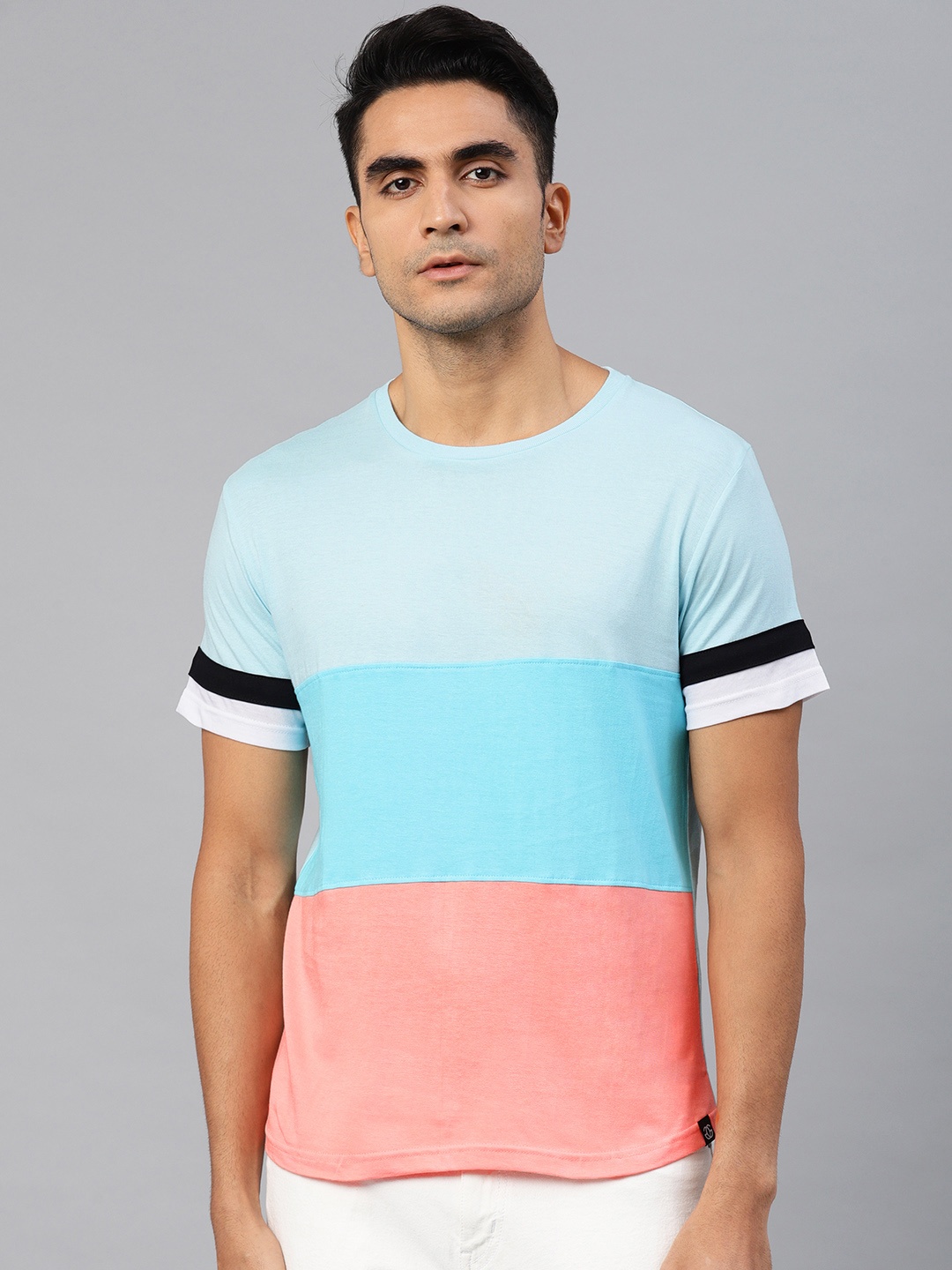 

Genius18 Men Turquoise Blue Pink Colourblocked Round Neck Pure Cotton T-shirt