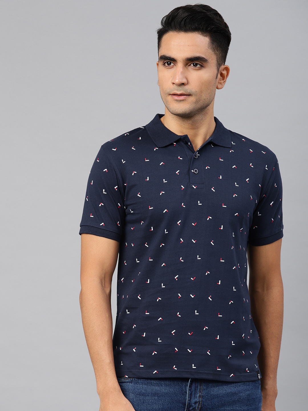 

Genius18 Men Navy Blue Printed Polo Collar Pure Cotton T-shirt