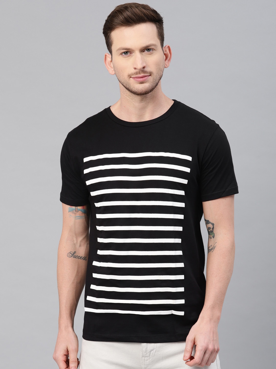 

Genius18 Men Black White Printed Round Neck Pure Cotton T-shirt