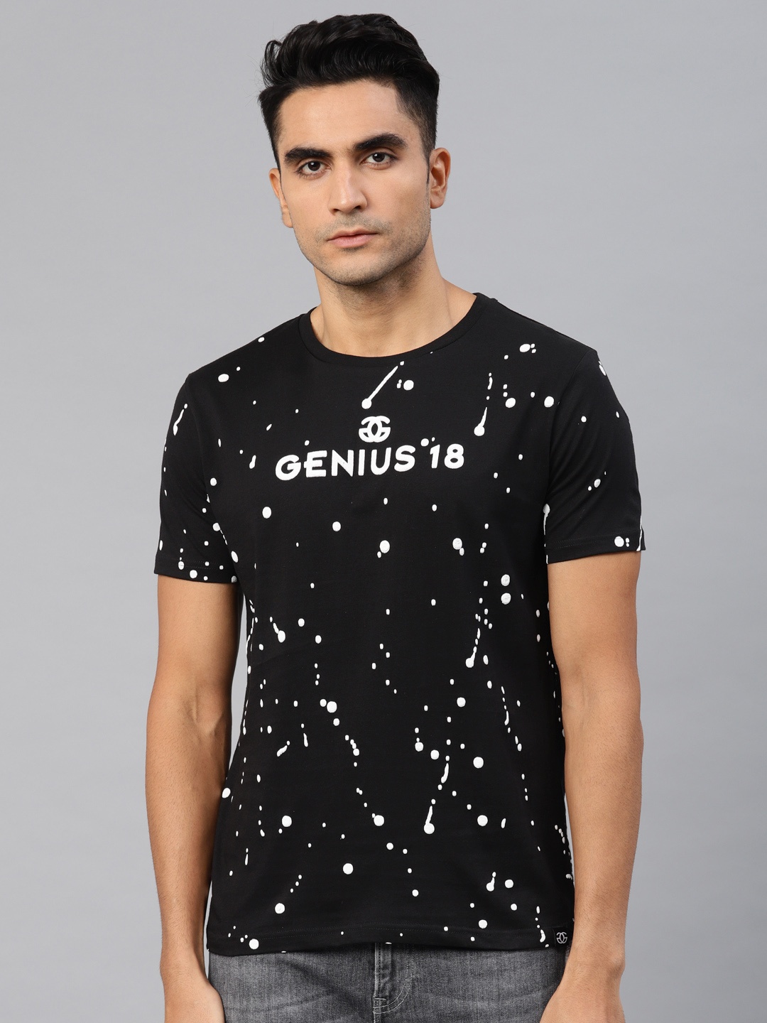 

Genius18 Men Black White Printed Round Neck Pure Cotton T-shirt