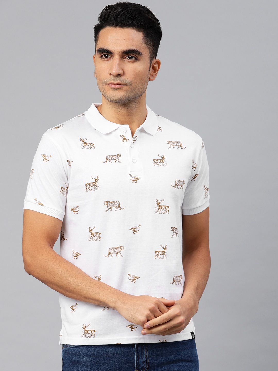 

Genius18 Men White Printed Polo Collar Pure Cotton T-shirt