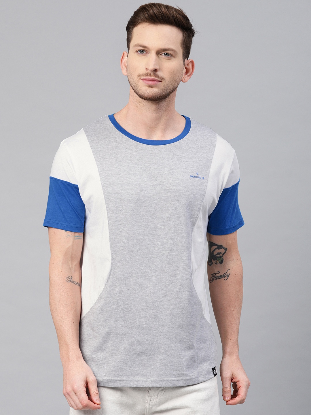 

Genius18 Men Grey White Colourblocked Round Neck Pure Cotton T-shirt