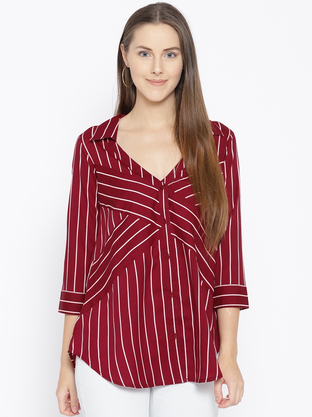 

Qurvii Plus Size Women Maroon White Regular Fit Striped Casual Shirt