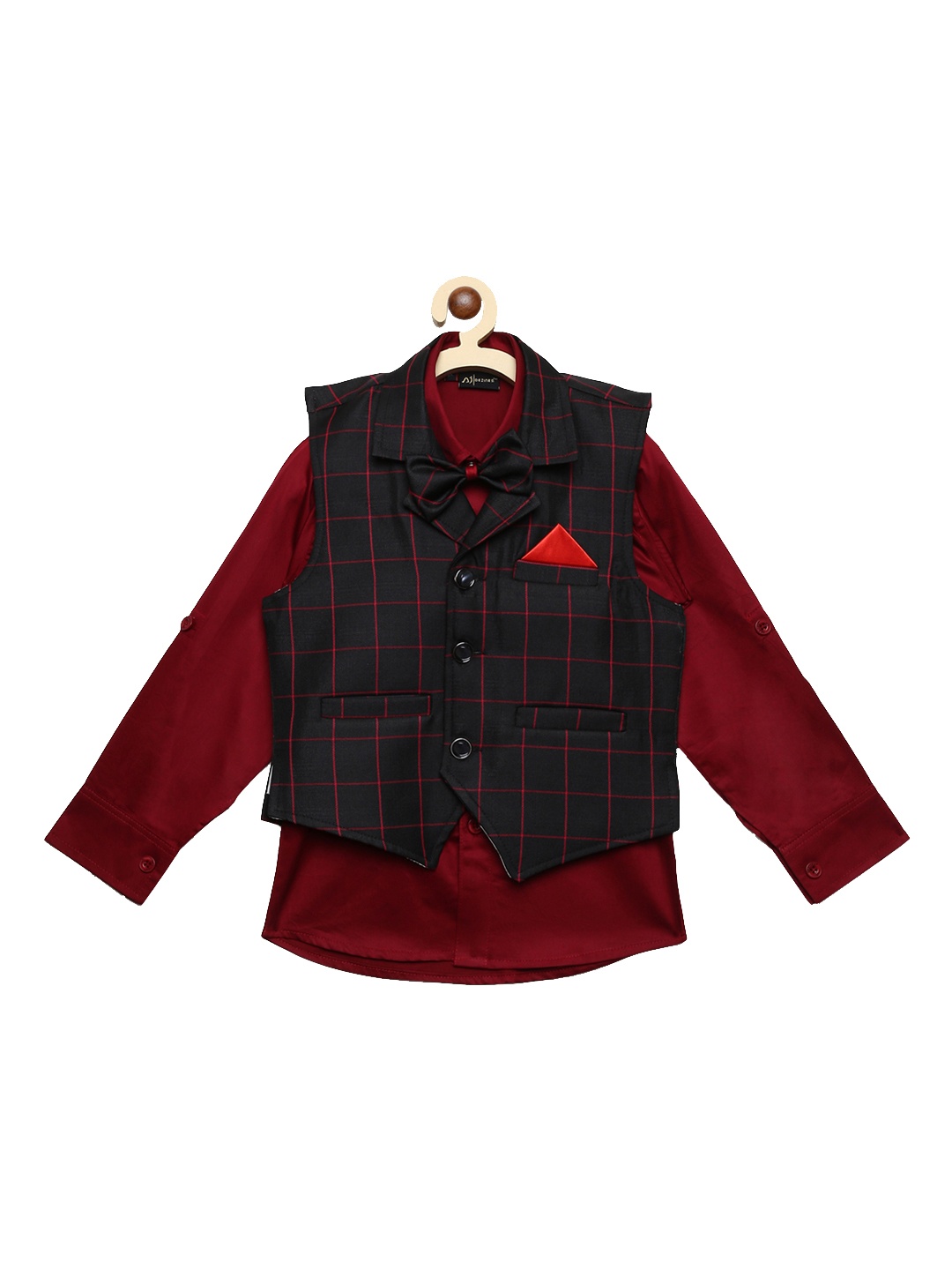 

Aj DEZInES Boys Maroon Regular Fit Solid Party Shirt with Waistcoat & Bow Tie