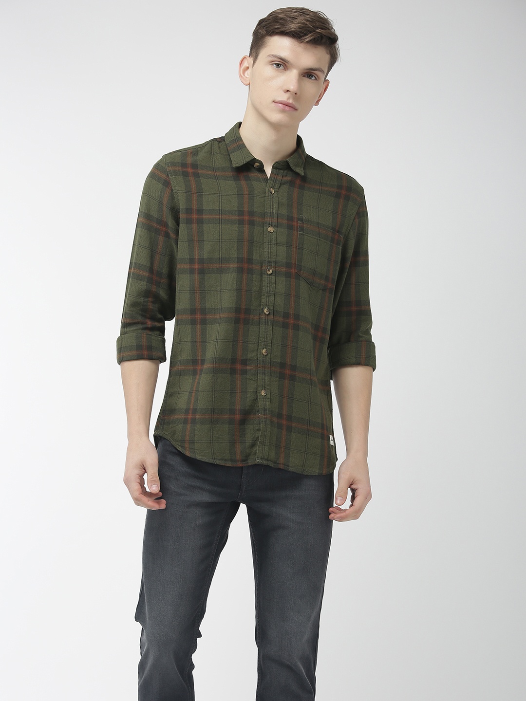 

Flying Machine Men Olive Green & Rust Regular Fit Checked Casual Shirt