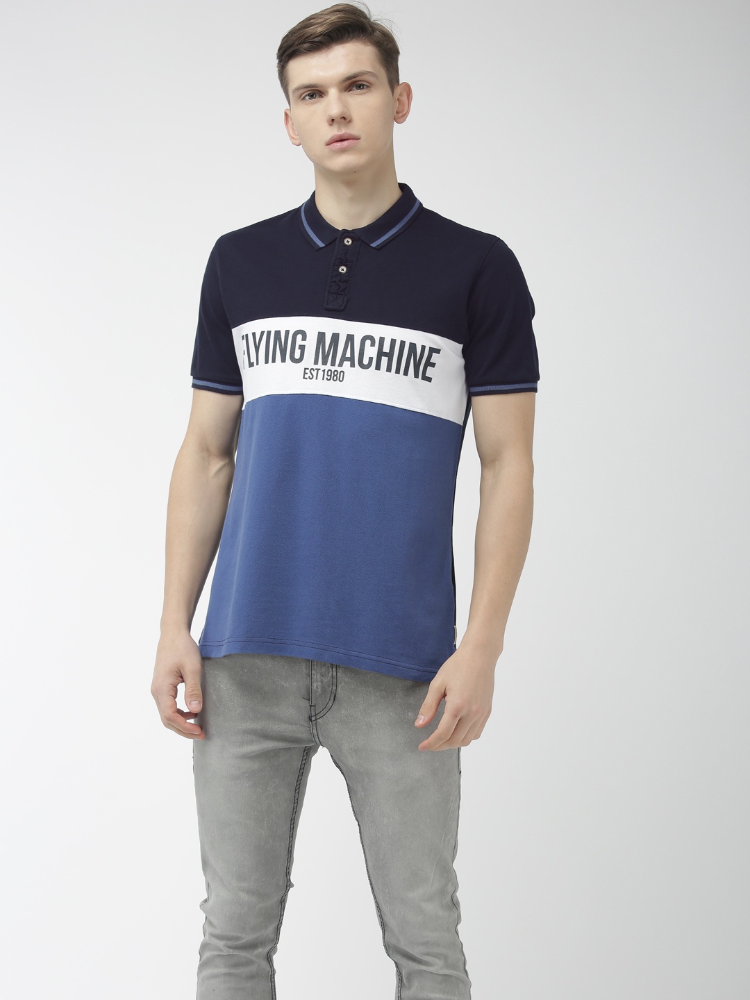 

Flying Machine Men Blue White Colourblock Polo Collar Pure Cotton T-shirt
