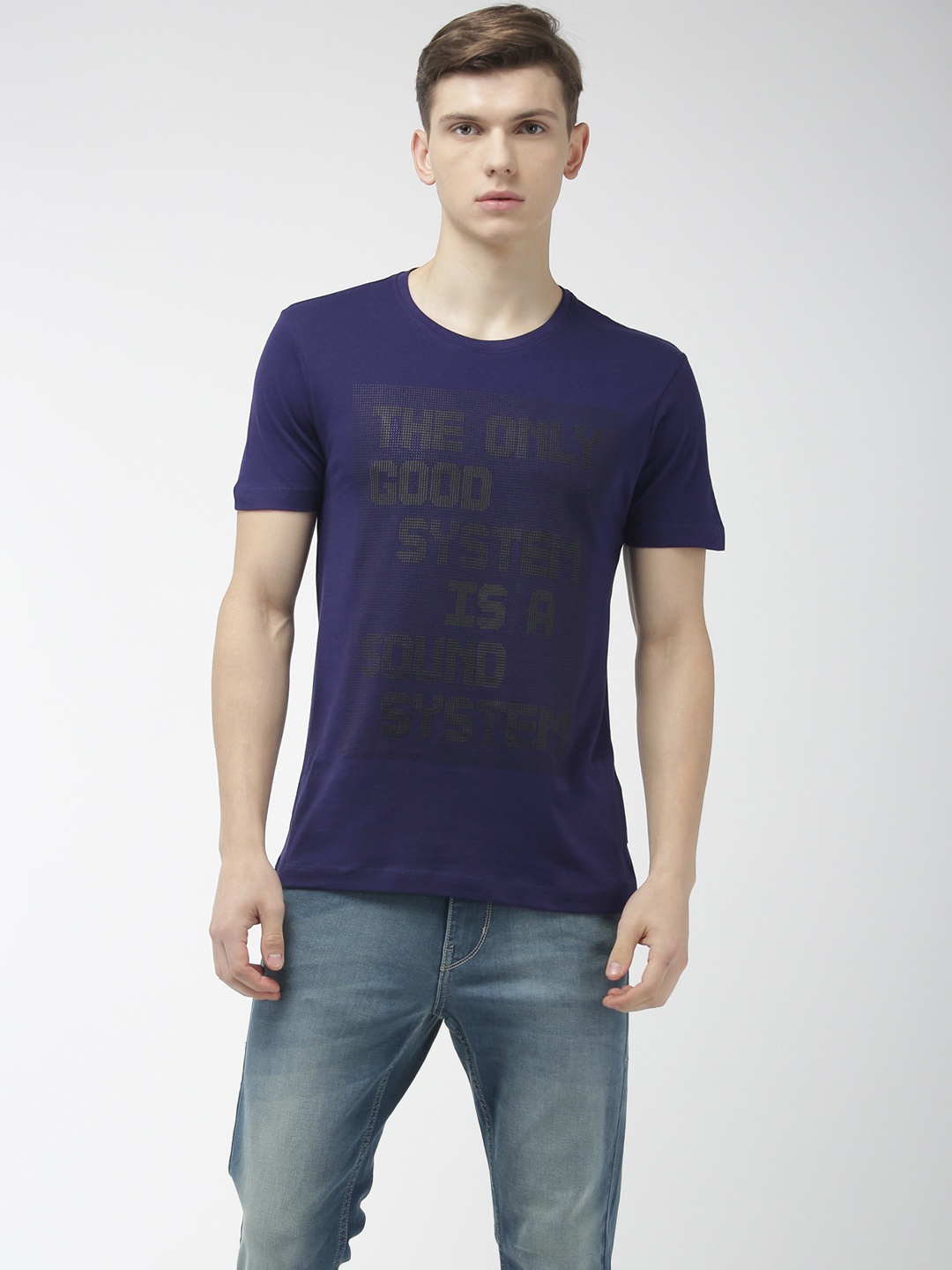 

Flying Machine Men Navy Blue Printed Round Neck Pure Cotton T-shirt