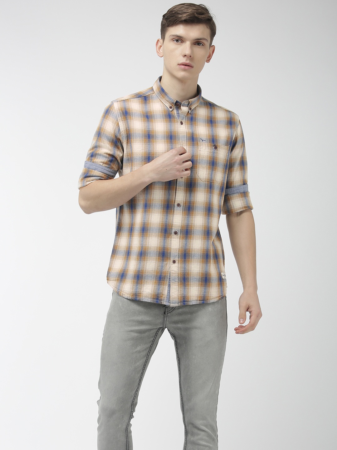 

Flying Machine Men Khaki Slim Fit Checked Casual Shirt