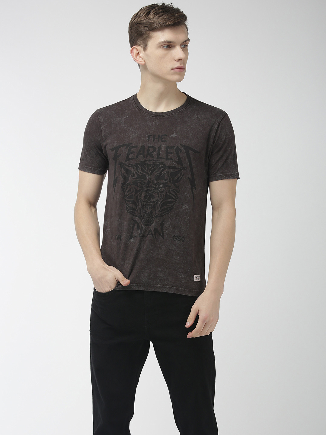

Flying Machine Men Charcoal Grey Printed Round Neck Pure Cotton T-shirt