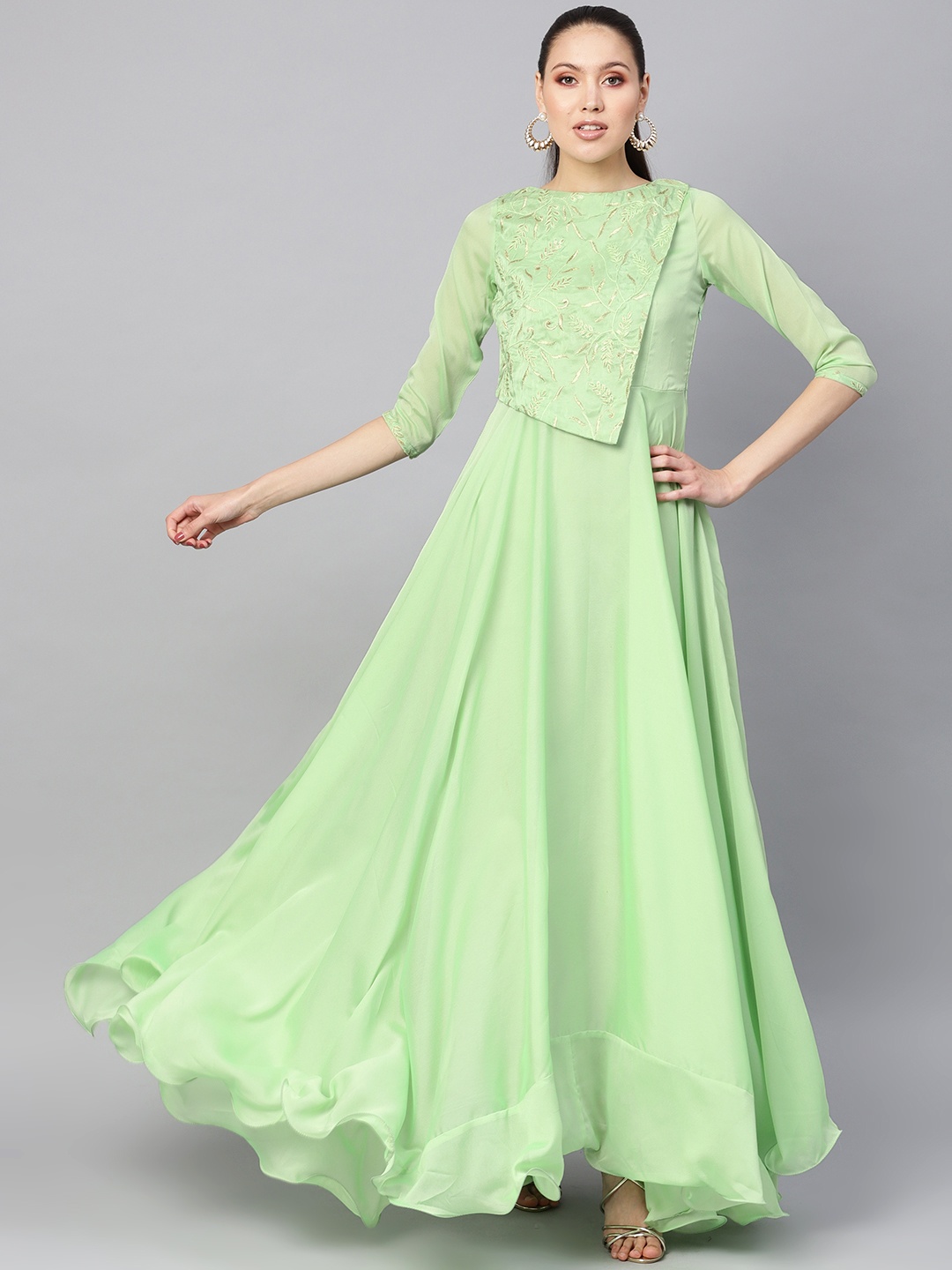 

Inddus Women Green Solid Maxi Dress with Embroidered Yoke