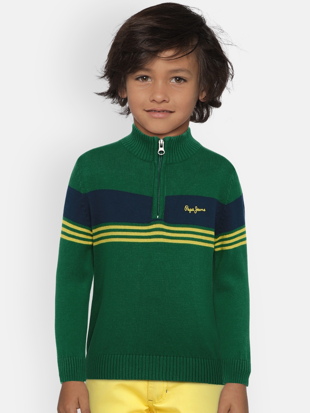 

Pepe Jeans Boys Green & Navy Blue Striped Pullover Sweater