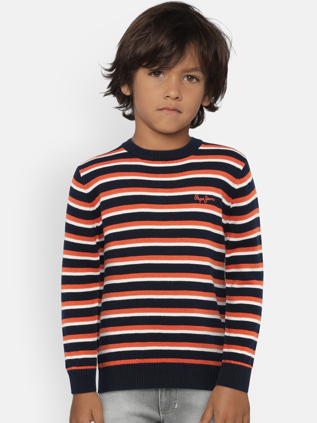 

Pepe Jeans Boys Navy Blue & Orange Striped Sweater