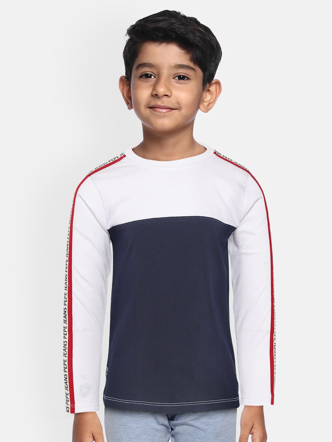 

Pepe Jeans Boys Navy Blue & White Colourblocked Cotton T-shirt with Side Taping Detail