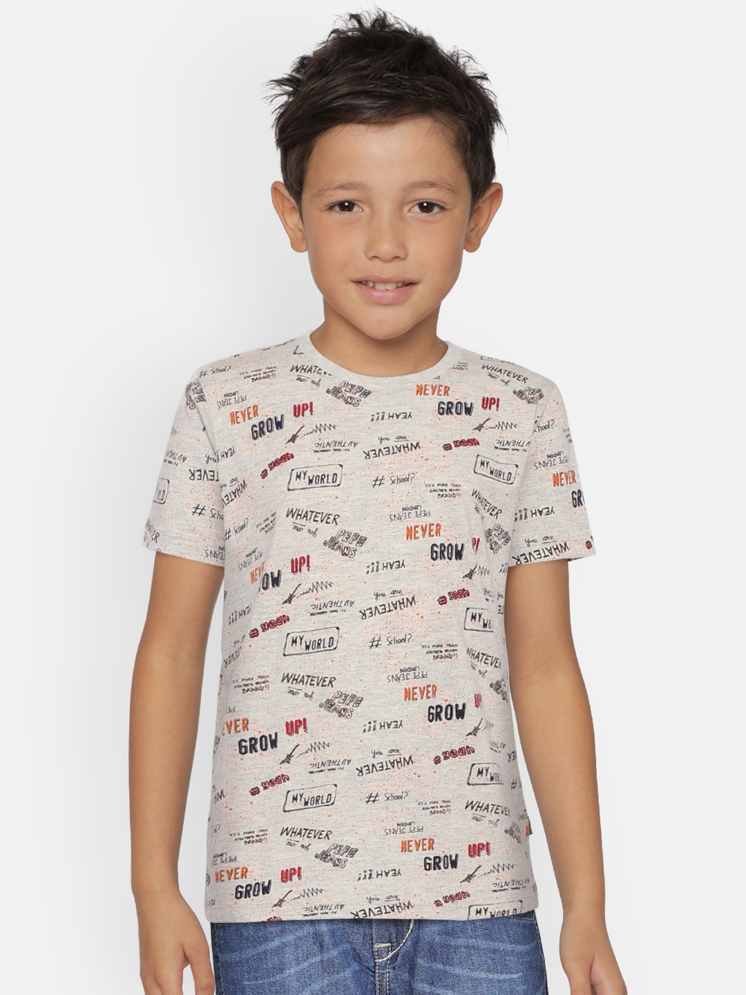 

Pepe Jeans Boys Grey Melange Printed Round Neck T-shirt