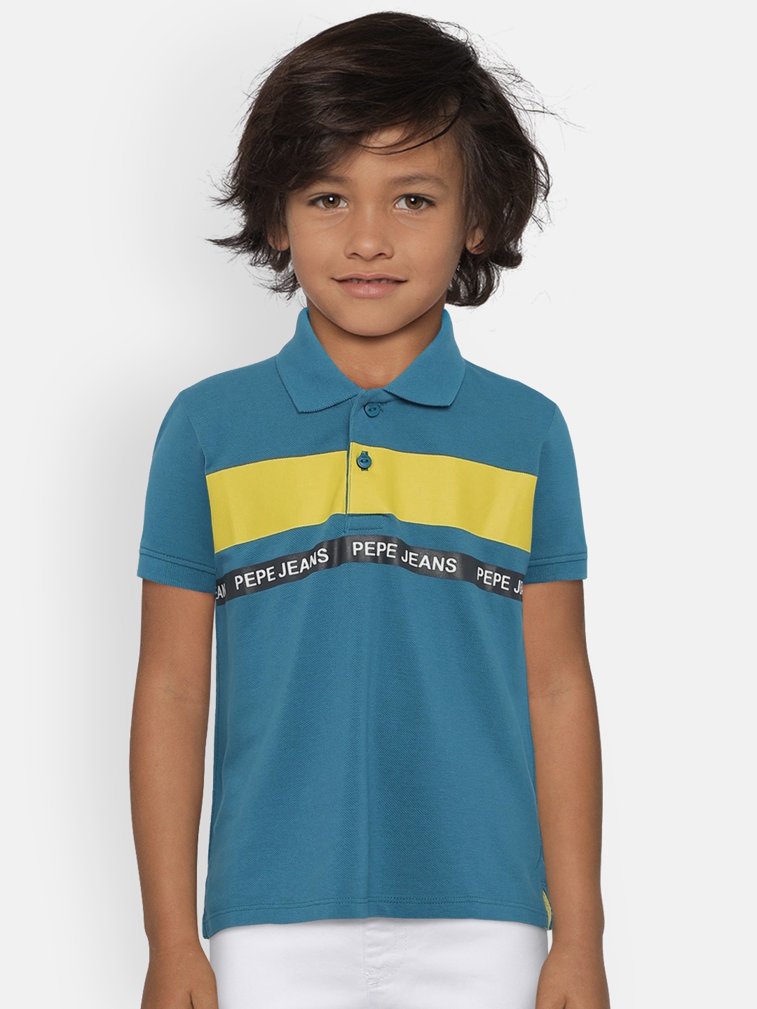 

Pepe Jeans Boys Teal-Blue Printed Polo Collar Pure Cotton T-shirt
