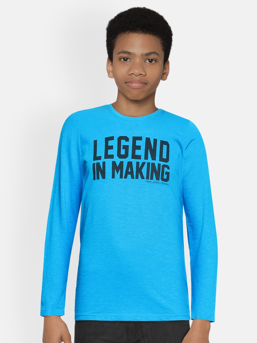 

Pepe Jeans Boys Blue Typography Printed ALAN LS IP Pure Cotton T-shirt