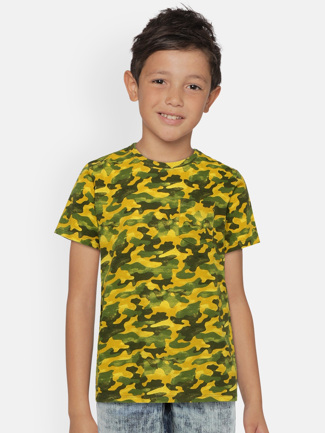 

Pepe Jeans Boys Olive Green & Yellow Camouflage Print Round Neck T-shirt