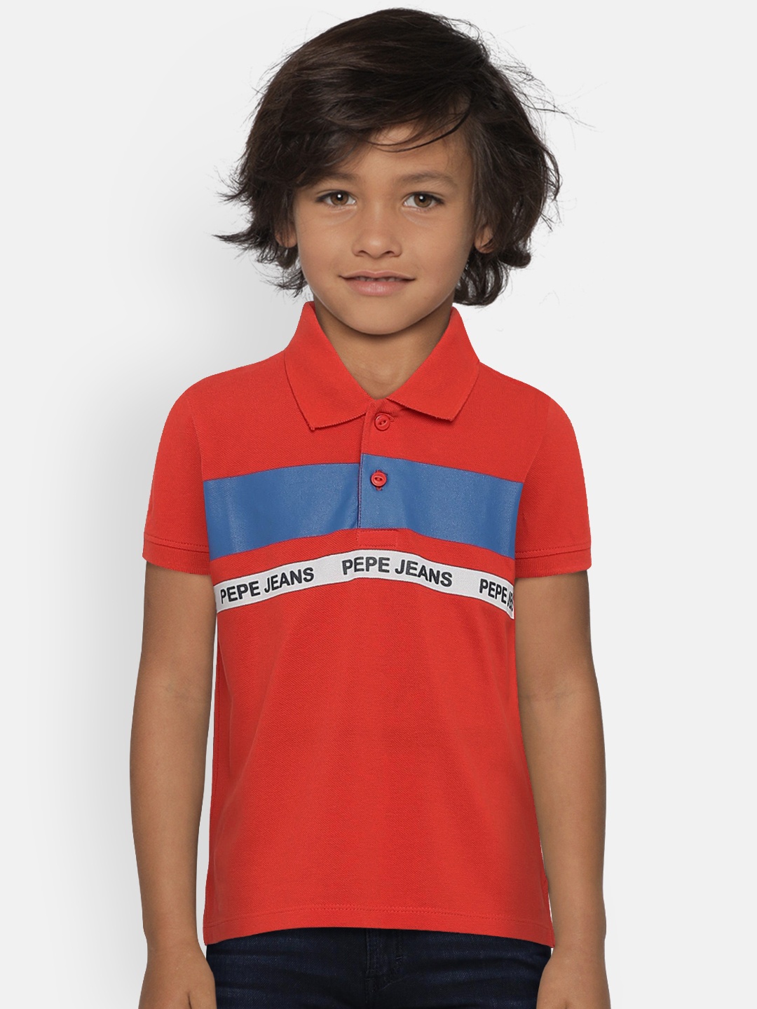 

Pepe Jeans Boys Red Printed Polo Collar Pure Cotton T-shirt