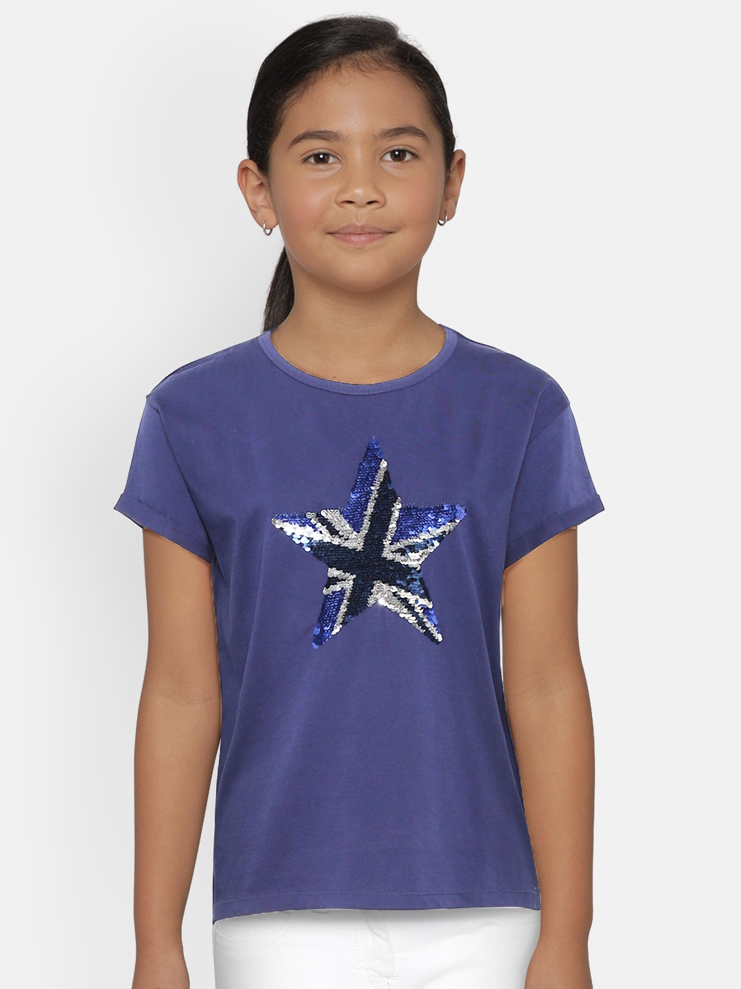 

Pepe Jeans Girls Navy Blue Flip Sequinned Round Neck Pure Cotton T-shirt