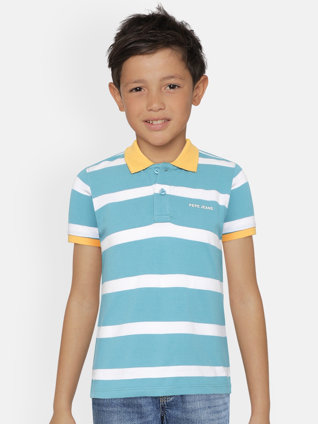 

Pepe Jeans Boys Blue White Striped Pure Cotton Polo Collar Pure Cotton T-shirt