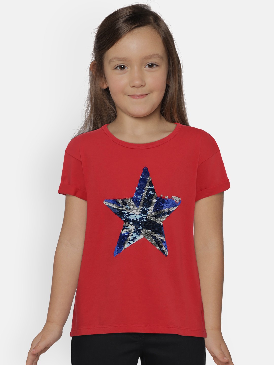 

Pepe Jeans Girls Red Embellished Printed Round Neck T-shirt