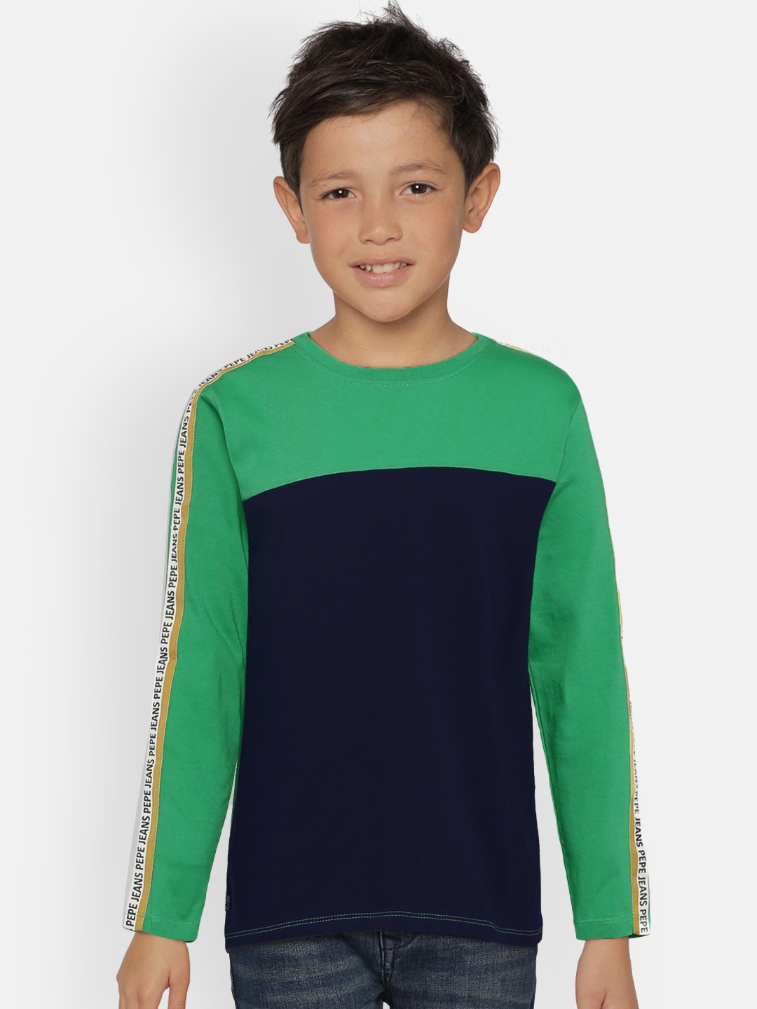 

Pepe Jeans Boys Green Navy Blue Colourblocked Round Neck DYLAN Pure Cotton T-shirt
