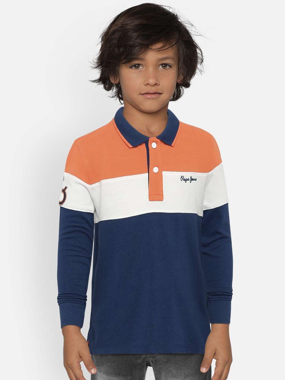 

Pepe Jeans Boys Navy Blue Orange Colourblocked CLYDE LS IP Polo Collar Pure Cotton T-shirt