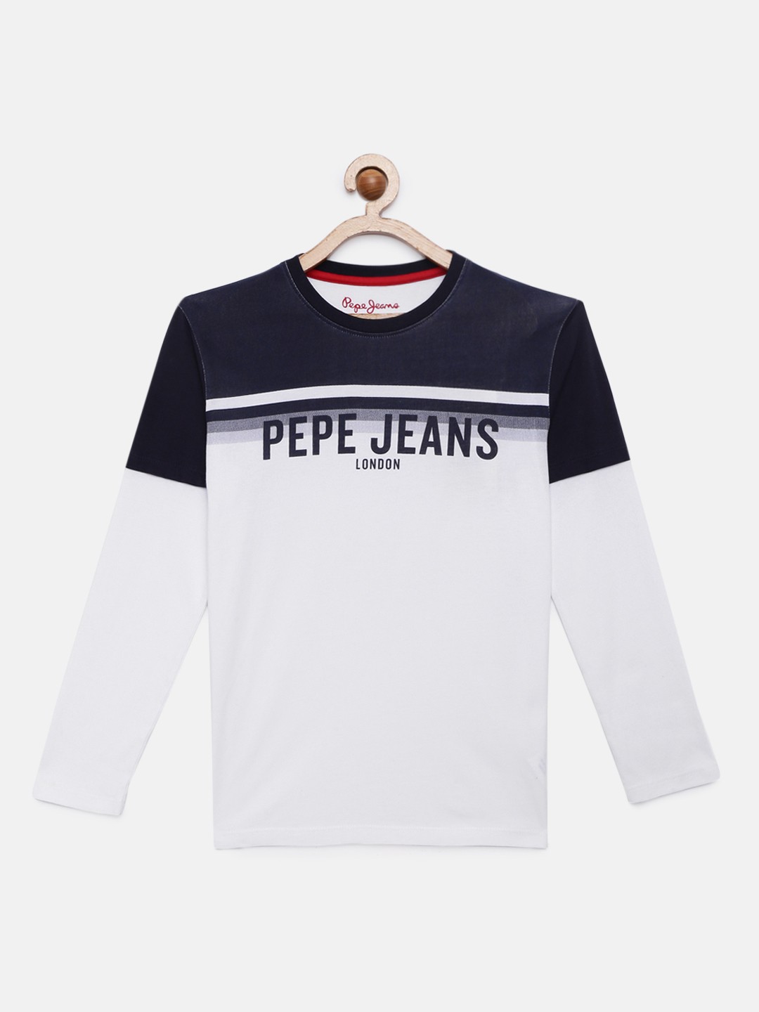 

Pepe Jeans Boys White Navy Blue Colourblocked Round Neck Pure Cotton T-shirt