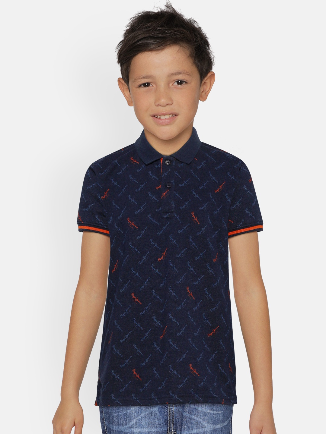 

Pepe Jeans Boys Navy Blue & Red Brand Logo Print Polo Collar T-shirt