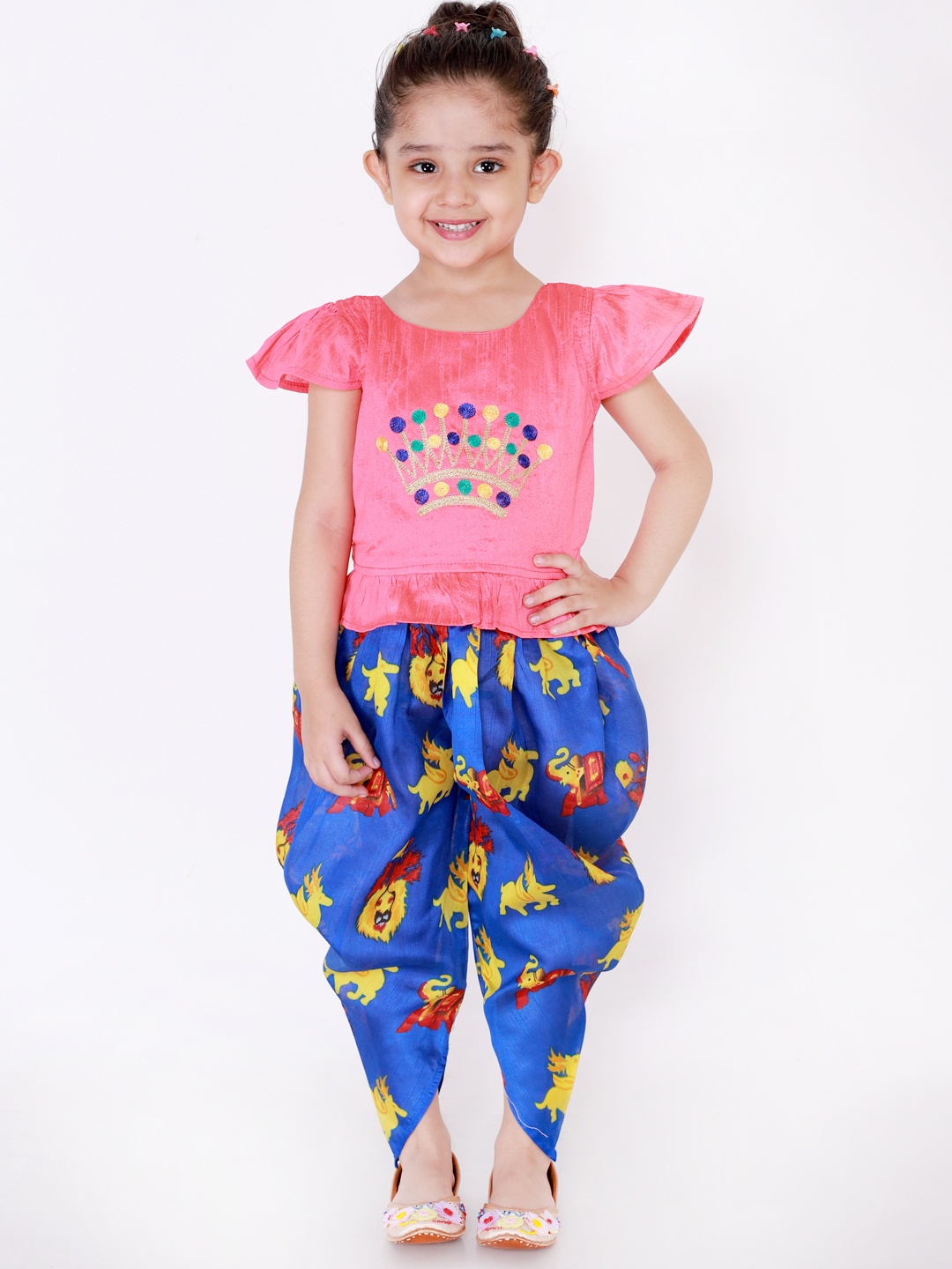 

KID1 Girls Peach-Coloured & Blue Embroidered Top with Dhoti Pants