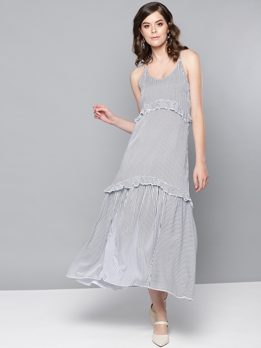 

STREET 9 Women White & Navy Blue Striped A-Line Dress