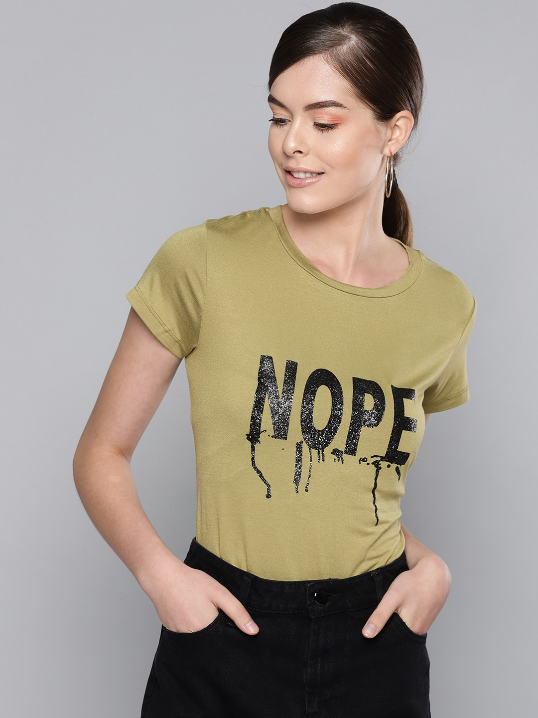 

STREET 9 Women Olive Green Printed Round Neck T-shirt